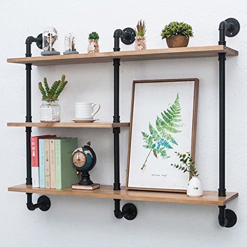 Industrial Pipe Shelf with Wood 43.3in,Rustic Wall Mount Shelf 3-Tiers,Metal Hung Bracket Bookshelf,Diy Storage Shelving Floating Shelves