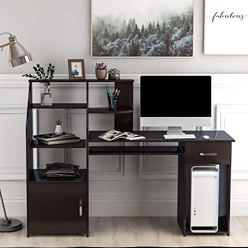 Merax Computer Desk Study Writing Table for Home Office with 44 inch Workstation, Storage Shelves and Pull-Out Keyboard Tray, Espresso