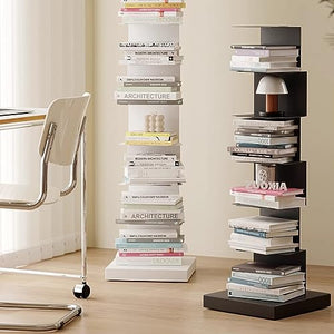 FPIGSHS 7 Tier Metal Invisible Spine Book Tower - Heavy Duty Standing Bookshelf for Home & Office, Black & White (7 Tier)