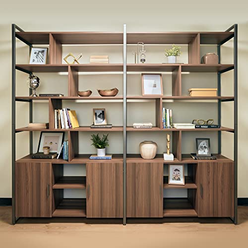 EUREKA ERGONOMIC Bookshelf with Doors, Adjustable 5 Tier Storage Cabinet, 95" Large Open Shelves - Walnut
