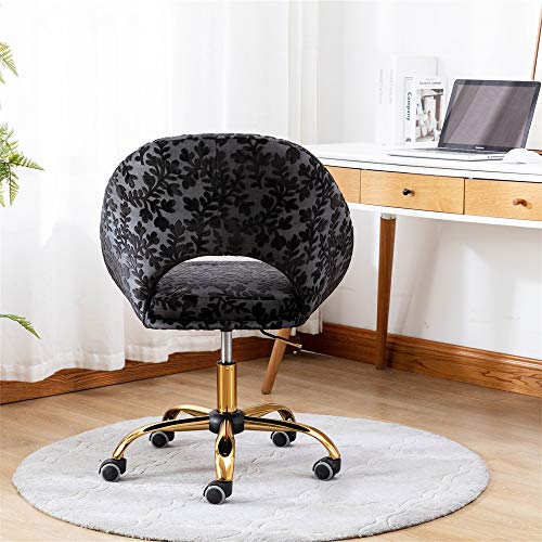 Liangchengmei Mid Century Single Sofa Armchair Desk Chair Modern Upholstered Task Chair with Gold Legs Home Office Chair Velvet Armless Swivel Rolling Chair with Wheels, Black (Black, One Size)