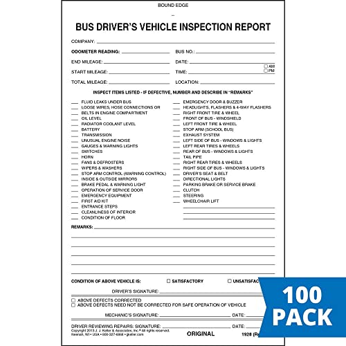 Bus Driver's Vehicle Inspection Report 100-pk. - Book Format, 2-Ply Carbonless, 5.5" x 8.125", 31 Sets of Forms Per Book - Meet FMCSR Requirements - J. J. Keller & Associates