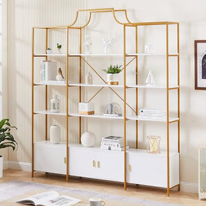 Amposei Gold Metal Frame Bookshelf with Storage Cabinets, 74.8-Inch Tall Etagere Display Shelf
