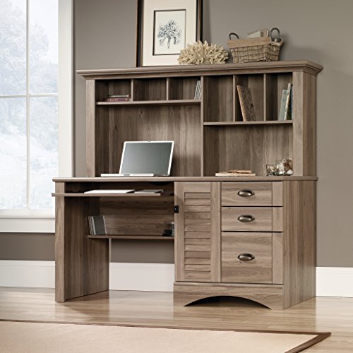 Sauder 415109 Harbor View Computer Desk with Hutch, L: 62.21" x W: 23.50" x H: 57.36", Salt Oak finish