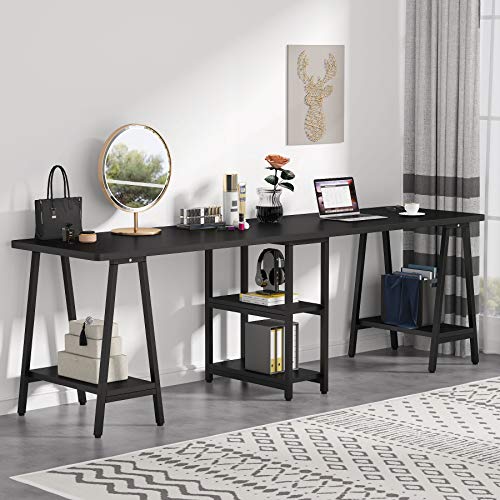 Tribesigns Double Computer Desk with Shelves, 94.5 Inches Extra Long Two Person Desk, Writing Desk Workstation for Home Office (Black)