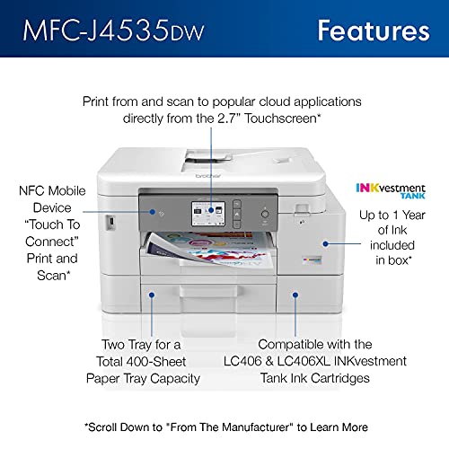Brother MFC-J4535DW INKvestment Tank All-in-One Color Inkjet Printer with NFC, Auto 2-Sided Printing, Print Scan Copy Fax, Built-in wireless, 4800 x 1200 dpi, White - Bundle with JAWFOAL Printer Cable