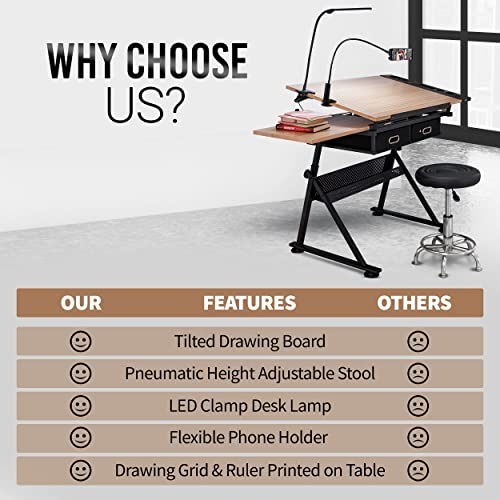 INOVATIVE Drafting Table | Ultimate Drawing Kit with Desk, Ergonomic Stool, LED Lamp and Phone Holder | Drafting Desk for Artists or Architects | Adjustable Angle and Height for Adults or Kids