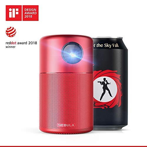 Nebula Capsule, by Anker, Smart Wi-Fi Mini Projector, Red, 100 ANSI Lumen Portable Projector, 360° Speaker, Movie Projector, 100 Inch Picture, 4-Hour Video Playtime, Outdoor Projector—Watch Anywhere
