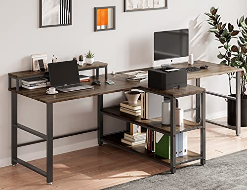 Sedeta 94.5 inches Computer Desk, Two Person Desk, Double Desk with Storage Shelves, Extra Long Workstation Desk with Monitor Stand, Power Strip with USB, Study Writing Desk for Home Office, Walnut