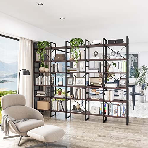 Generic 6-Tiers Dark Walnut Room Divider Bookcase 85" H X 12.6" W Black Brown Industrial Contemporary Metal Finish