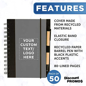 50 ECO Block Notebooks with Pens Pack - Customizable Text, Logo - Spiral, Recycled, Elastic Loop - Smoke