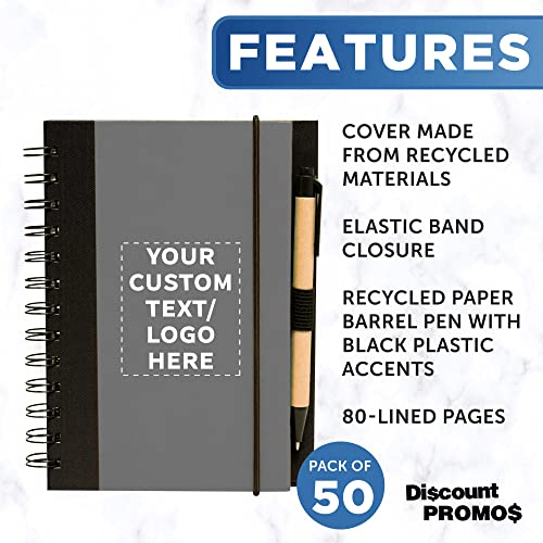 50 ECO Block Notebooks with Pens Pack - Customizable Text, Logo - Spiral, Recycled, Elastic Loop - Smoke