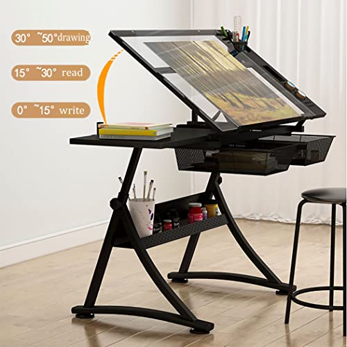 FLaig Glass Drafting Table Desk with 2 Slide Drawers, 0-50° Tilting - Artist Study Table