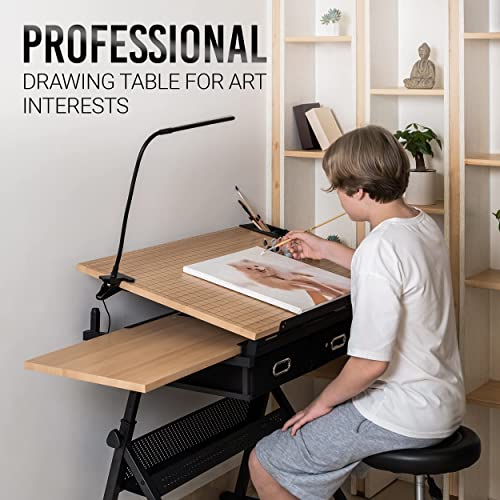 INOVATIVE Drafting Table | Ultimate Drawing Kit with Desk, Ergonomic Stool, LED Lamp and Phone Holder | Drafting Desk for Artists or Architects | Adjustable Angle and Height for Adults or Kids