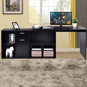 Tangkula L Shaped Desk Corner Desk, Home Office Wood Computer Workstation, Space Saving Computer Desk with Spacious Wooden Surface, Storage Shelves