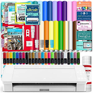 Silhouette White Cameo 4 Starter Bundle with 26 Oracal Vinyl Sheets, Transfer Paper, Class, Guides and 24 Sketch Pens