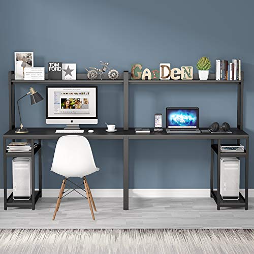 LITTLE TREE Double Desk, 94.5 inches Extra Long Computer Desk with Hutch and Storage Shelves, Two Person Workstation Table for Home Office, Dual Writing Study Desk, (Black)