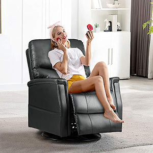 eclife Massage Recliner Chair with Lumbar Heating, 360 Degree Swivel& Rocking, Ergonomic Lounge Chair, Reclining Sofa for Living Room, Side Pocket， Remote Control (Black + PU, Swivel+Rocking)