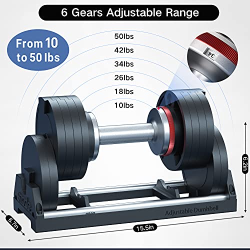 SNODE 50-Pound Adjustable Dumbbell- with Fast Adjustment, Metal Handle, Adjustable Weight Plates, Home Fitness Equipment for Strength Training- Single