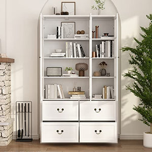 AIEGLE Tall Bookcase with Glass Doors and Drawers, 47.2" Wide 4-Tier Bookshelf - White