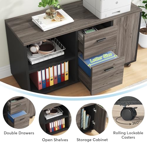 Tribesigns Executive Office Desk and Lateral File Cabinet Combo, L-Shaped Business Furniture, Grey & Black