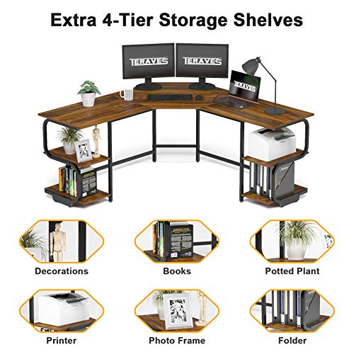 Teraves Reversible L Shaped Desk with Shelves Round Corner Computer Desk Gaming Table Workstation for Home Office