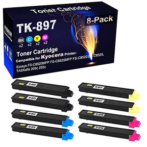 8-Pack (2BK+2C+2Y+2M) Compatible Printer Cartridge Replacement for Kyocera TK-897 | TK897 Toner Cartridge use for Kyocera Ecosys FS-C8520MFP FS-C8520 FS-C8525, TASKalfa 205c 255c Printer