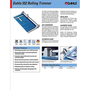 Dahle 552 Professional Rolling Trimmer 20" Cut Length 20 Sheet Capacity Self-Sharpening Automatic Clamp German Engineered Paper Cutter