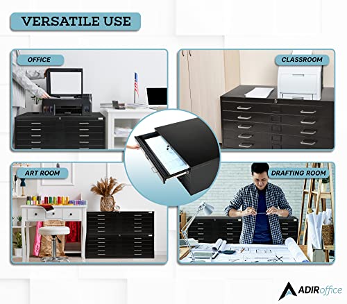 AdirOffice Flat File Cabinet - Heavy Duty 5-Drawer Blueprint Storage, 41" x 53", Ideal for Artists and Engineers - Black