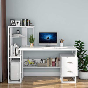 Tribesigns Computer Desk with Drawers, Functional Writing Desk with Corner Tower Shelves Works as Home Office Compact Workstation Desk for Small Space (All White)