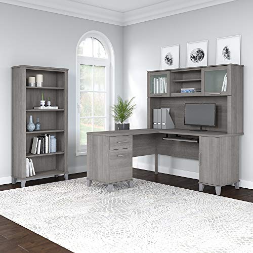 Bush Furniture Somerset L Shaped Desk with Hutch and 5 Shelf Bookcase, 60W, Platinum Gray