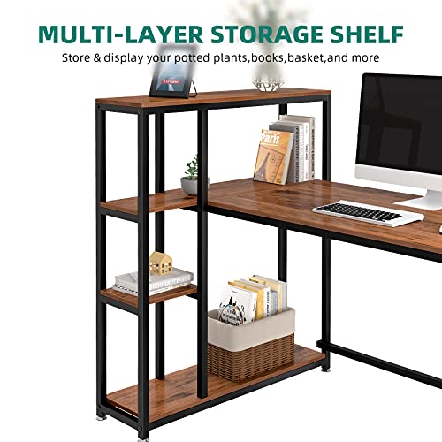 YITAHOME Computer Desk with 7 Storage Shelves, Writing Table Workstation with Bookshelf Hutch, L-Shape Study Work Desk with 55 inch Desktop for Home Office, Teak