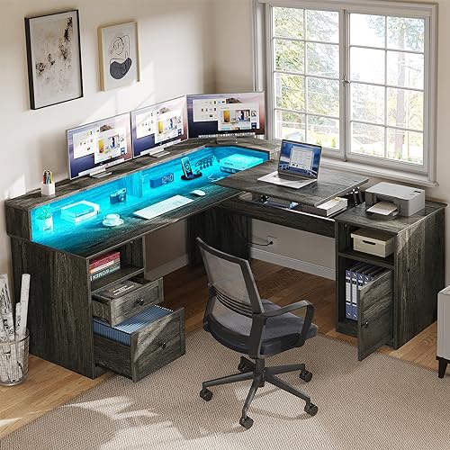 YITAHOME L Shaped Desk with Power Outlets & LED Lights, 60” Computer Desk with Drawers & Lift Top, Grey