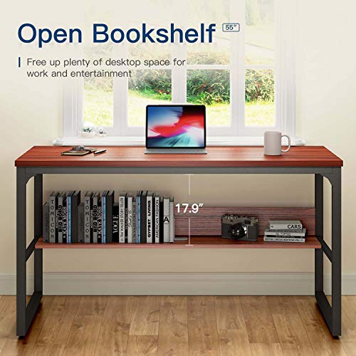 Coleshome Teak Computer Desk with Hutch Bookshelf, 55" Office Desk with Storage Drawers, Super Sturdy Writing Desk for Home Office