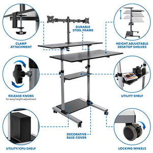 Mount-It! Mobile Standing Desk with Dual Monitor Mount - 40" Wide Height Adjustable Rolling Workstation