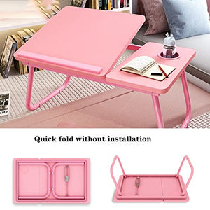 MHHFD Laptop Bed Desk, Portable Laptop Stand, Foldable Laptop Desk Bed Sofa Table Tray Adjustable Height and Viewing Angle Laptop Stand with Drawer Bed Computer Desk (Color : Pink)