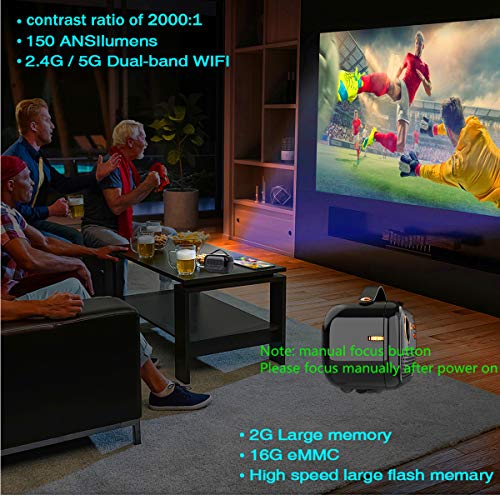 YAKAR portable Wi Fi projector. Wireless screen projector supporting 1080p and 150 ANSI lumens. Built-in Bluetooth, speaker, battery. Compatible: TV Stick，iPhone, Android, HDMI, USB and tablet (black)