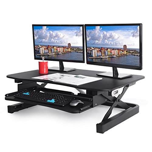 ApexDesk EDR-3612-BLACK ZT Series Height Adjustable Sit to Stand Electric Desk Converter, 2-Tier Design with Large 36x24" Upper Work Surface and Lower Keyboard Tray Deck (Electric Riser, Black)