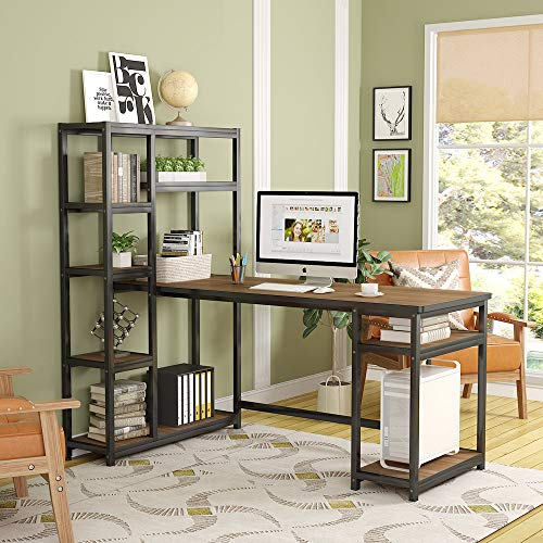 Tribesigns 67" Reversible Large Computer Desk with 9 Storage Shelves, Office Desk Study Table Writing Desk Workstation with Hutch Bookshelf for Home Office, Oak
