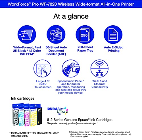 Epson WorkForce Pro WF-7820 Wireless All-in-One Wide-format Printer with Auto 2-sided Print up to 13 inches x 19 inches (Renewed)