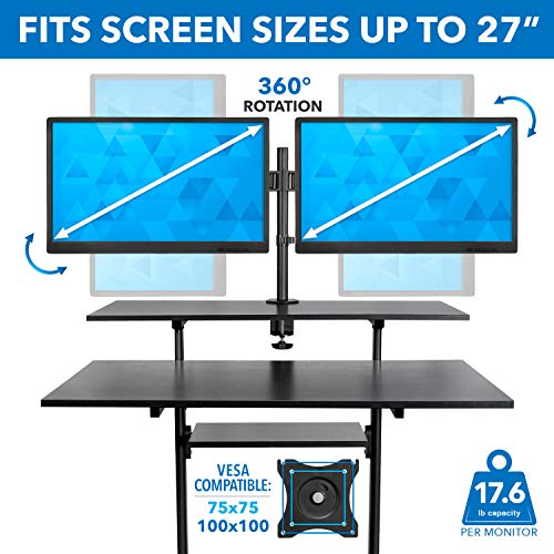 Mount-It! Mobile Standing Desk with Dual Monitor Mount - 40 Inch Wide Height Adjustable Rolling Computer Workstation with Four Wheels,