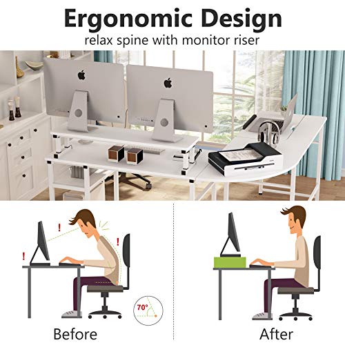 Tribesigns L-Shaped Computer Desk with Monitor Stand Riser, 70.8 inches Corner Computer Desk Study Writing Workstation Drafting Table with Tiltable Drawing Board for Home Office Use (White)