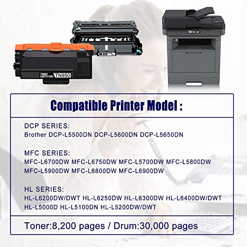 5-Pack Black (1Drum+4Toner) Compatible DR-820 Drum Unit and TN-850 Toner Cartridge Replacement for Brother DCP-L5500DN DCP-L5600DN MFC-L6700DW HL-L5000D HL-L6300DW HL-L5100DN Printer Cartridge Ink.