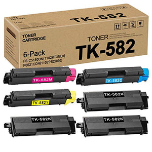 (3BK+1C+1M+1Y, 6PK) TK582 TK-582 1T02KT0US0 1T02KTCUS0 1T02KTBUS0 1T02KTAUS0 Toner Cartridge Replacement for Kyocera FS-C5150DN(1102KT3NL0) P6021CDN(1102PS2US0) Toner Kit Printer