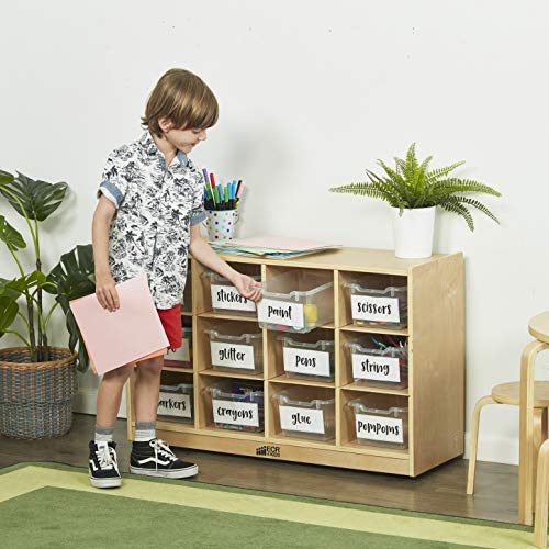 ECR4Kids Birch 12 Cubby Tray Cabinet, Kids Toy Storage Orgaznier with Rolling Casters, Hardwood Mobile Storage Cabinet for Classroom, Preschool and Homeschool Supplies