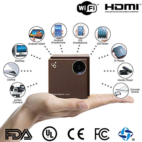 UO Smart Beam Laser, CES Awarded Portable Mini Projector, 1280x720HD, Focus Free Class 1 Laser, Wireless 2 hrs, Built in Speaker, MIRRORING Smartphone, Tablet, HDMI pc, Laptop, Video Game, Apple TV