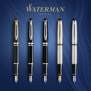 Waterman Expert Fountain Pen, Matte Black with Chrome Trim, Fine Nib with Blue Ink Cartridge, Gift Box