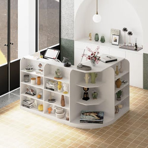 FAMAPY L-Shaped Reception Desk with Drawers, Shelves, Cabinet - White (70.9” x 47.2” x 39.4”)