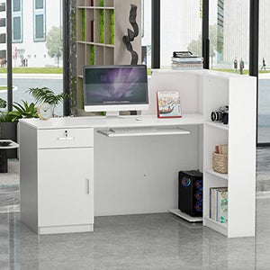 ECACAD Reception Desk with Lockable Drawer, Shelves, Keyboard Tray, Cabinet, White - 55.1”W x 43.3”D x 43.3”H
