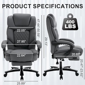 Linting Ergonomic Reclining Office Chair with Footrest & Lumbar Support, 400lbs Big and Tall PU Leather Executive Chair, Grey